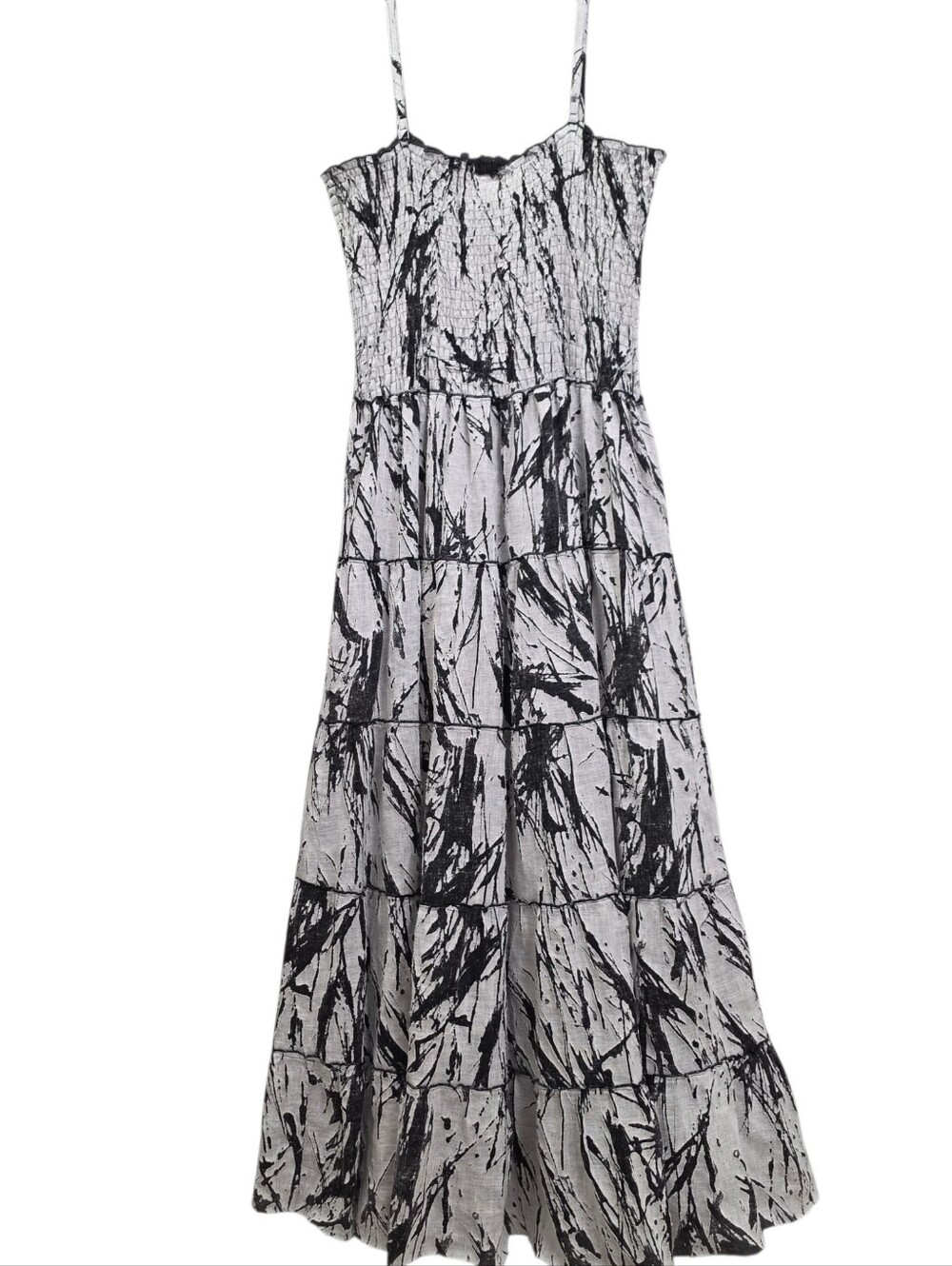 Ersilia Italian Gray/Black Linen Smock Bodice Adjustable Straps Tiered Maxi
